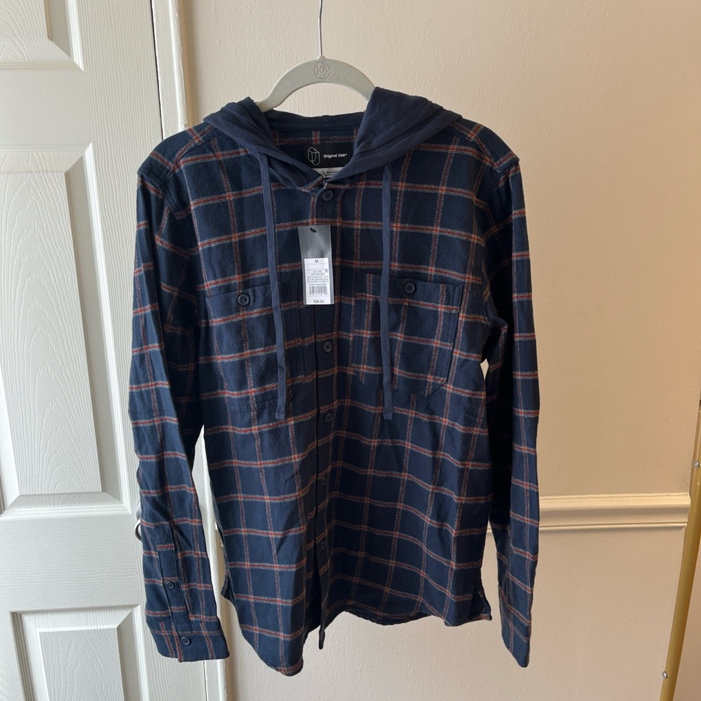 Original Use Blue and Red Plaid Hooded Shirt